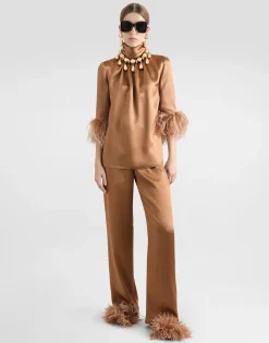 Double satin turtle-neck top with feathered detailing