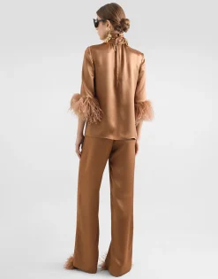 Double satin turtle-neck top with feathered detailing