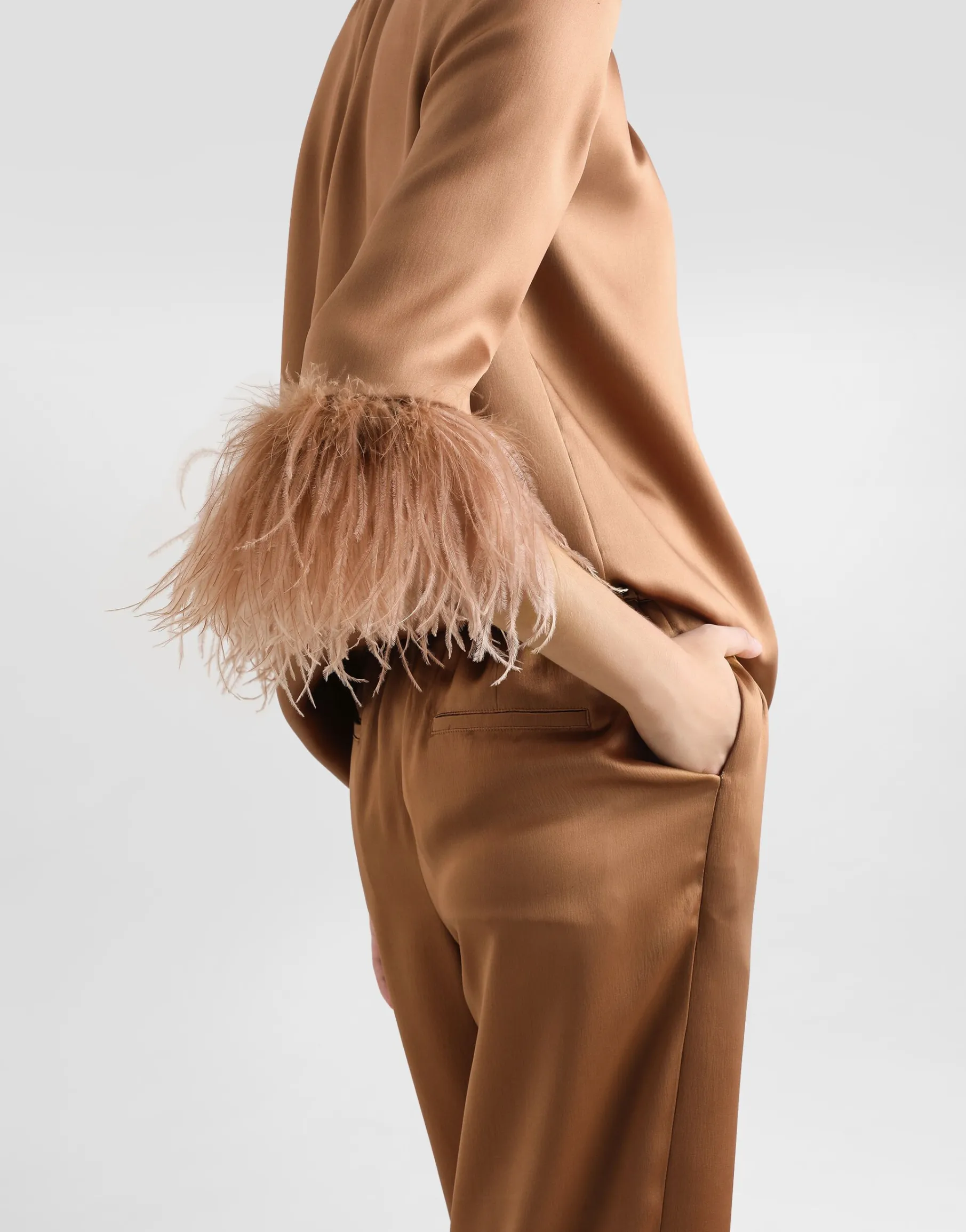 Double satin turtle-neck top with feathered detailing