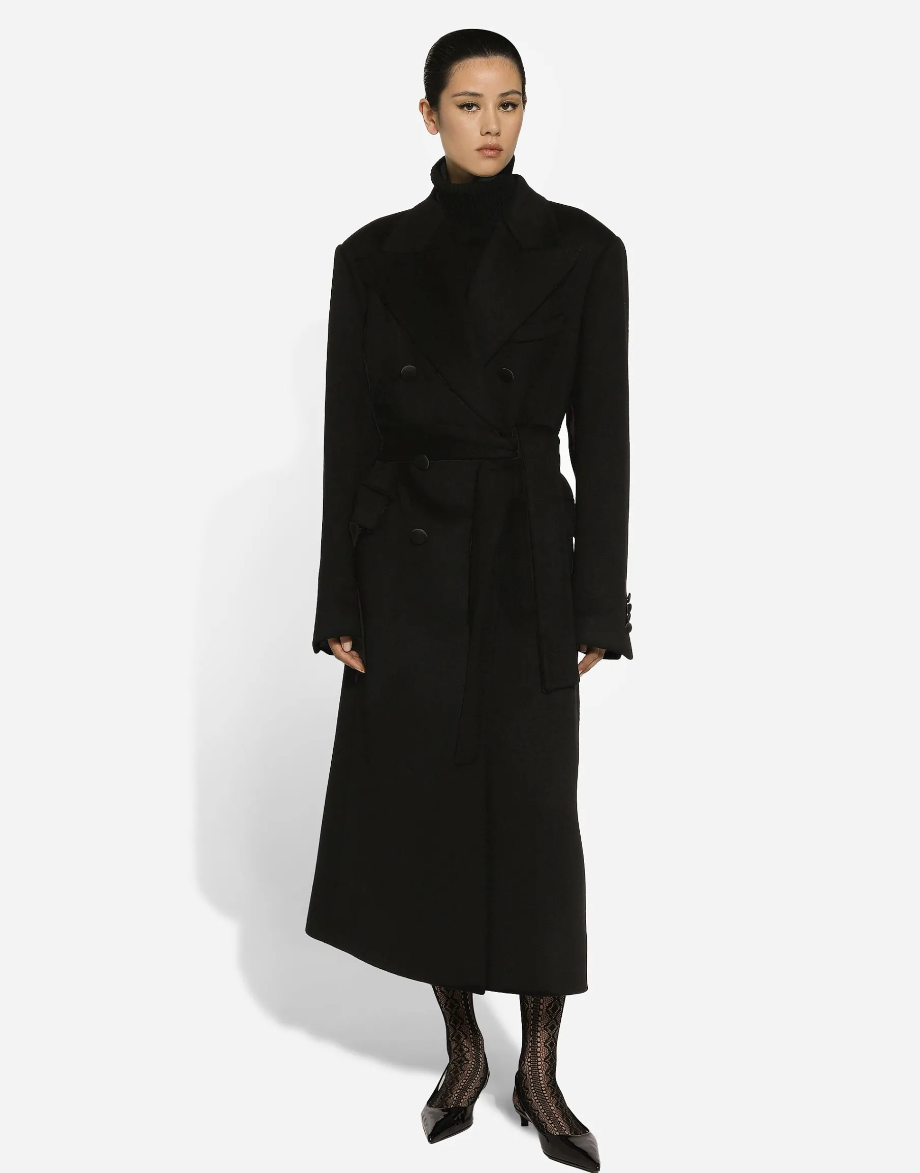 Double-breasted cashmere baize coat with belt