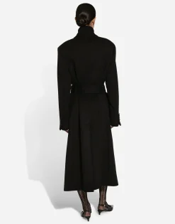 Double-breasted cashmere baize coat with belt