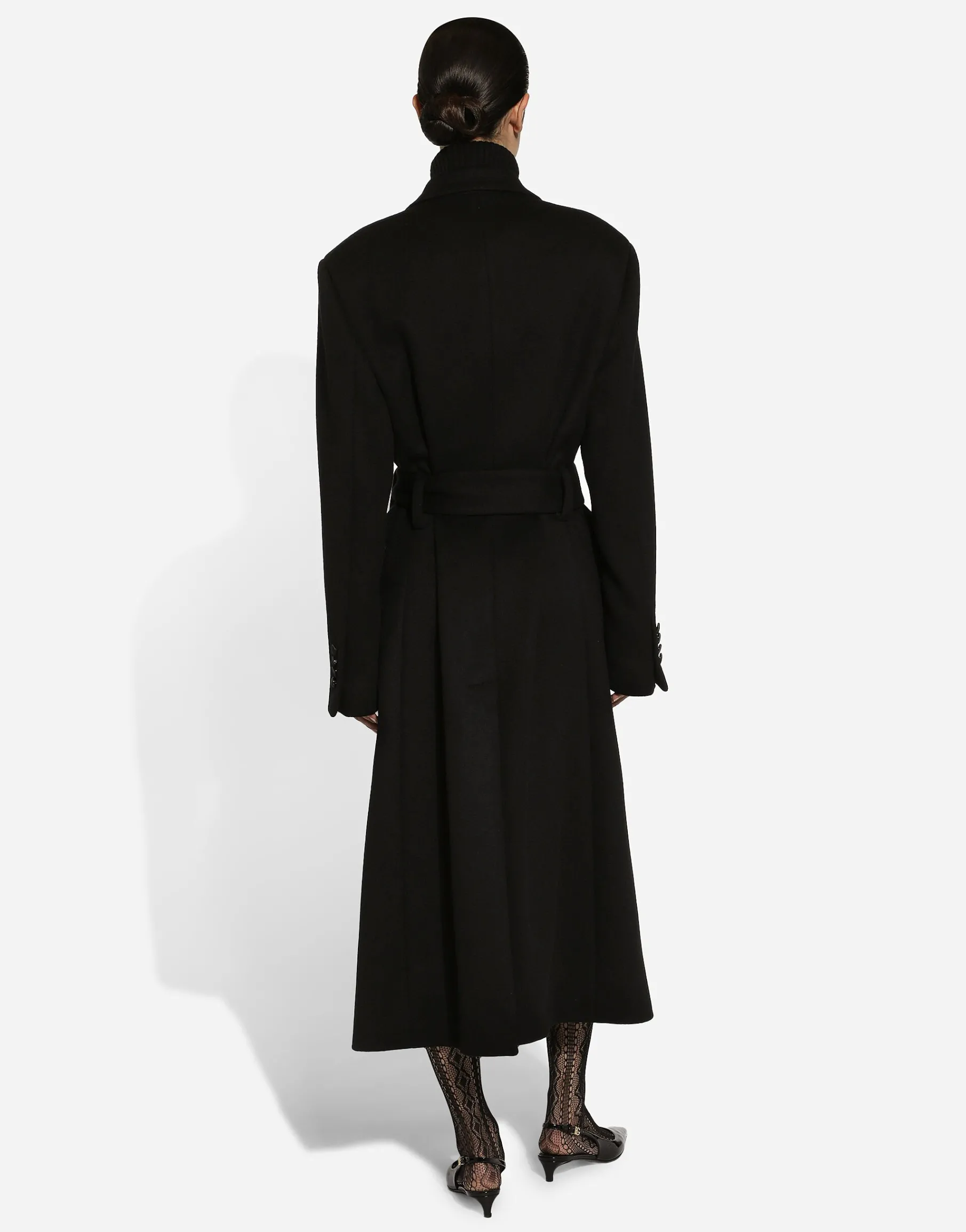 Double-breasted cashmere baize coat with belt