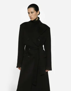 Double-breasted cashmere baize coat with belt