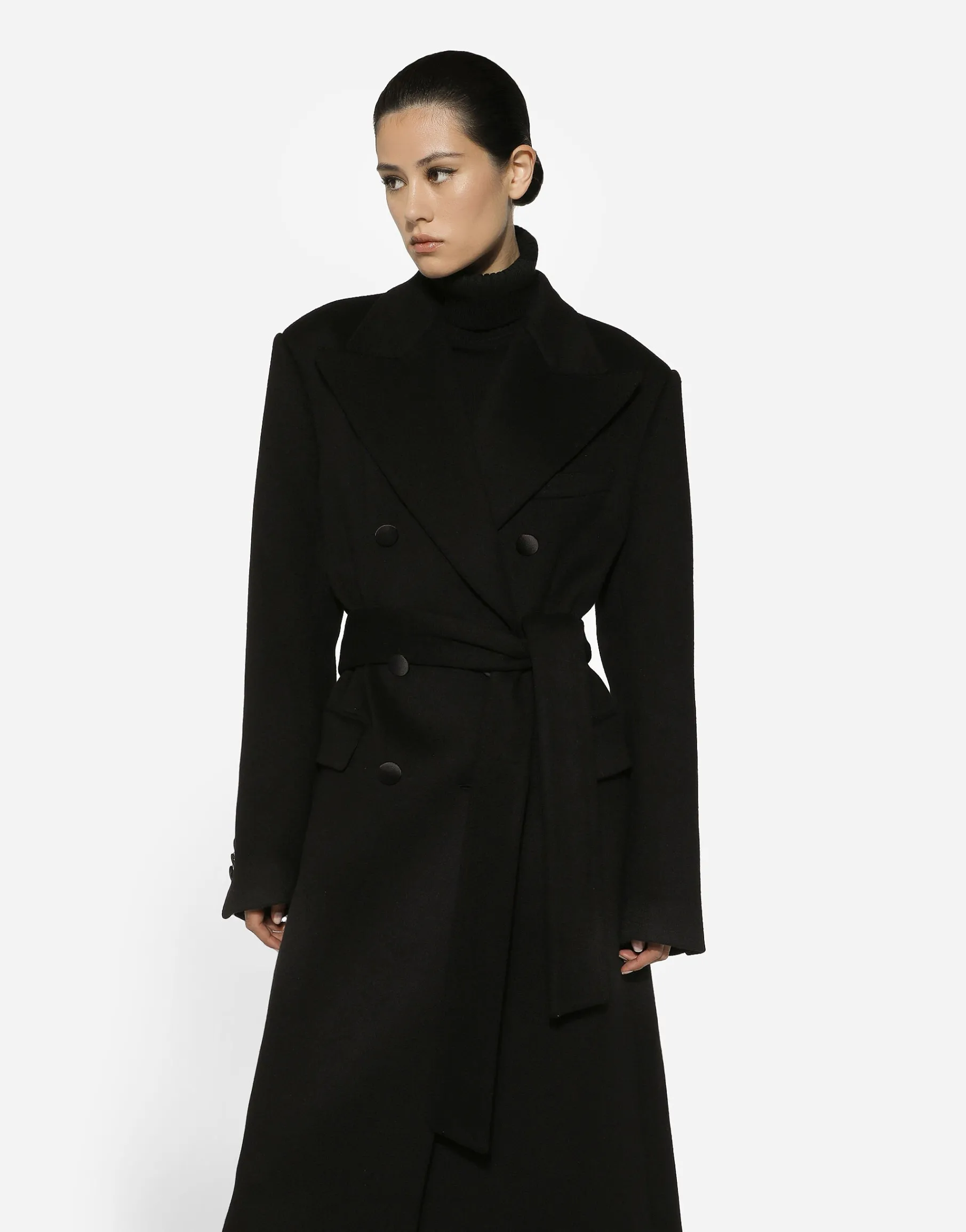 Double-breasted cashmere baize coat with belt