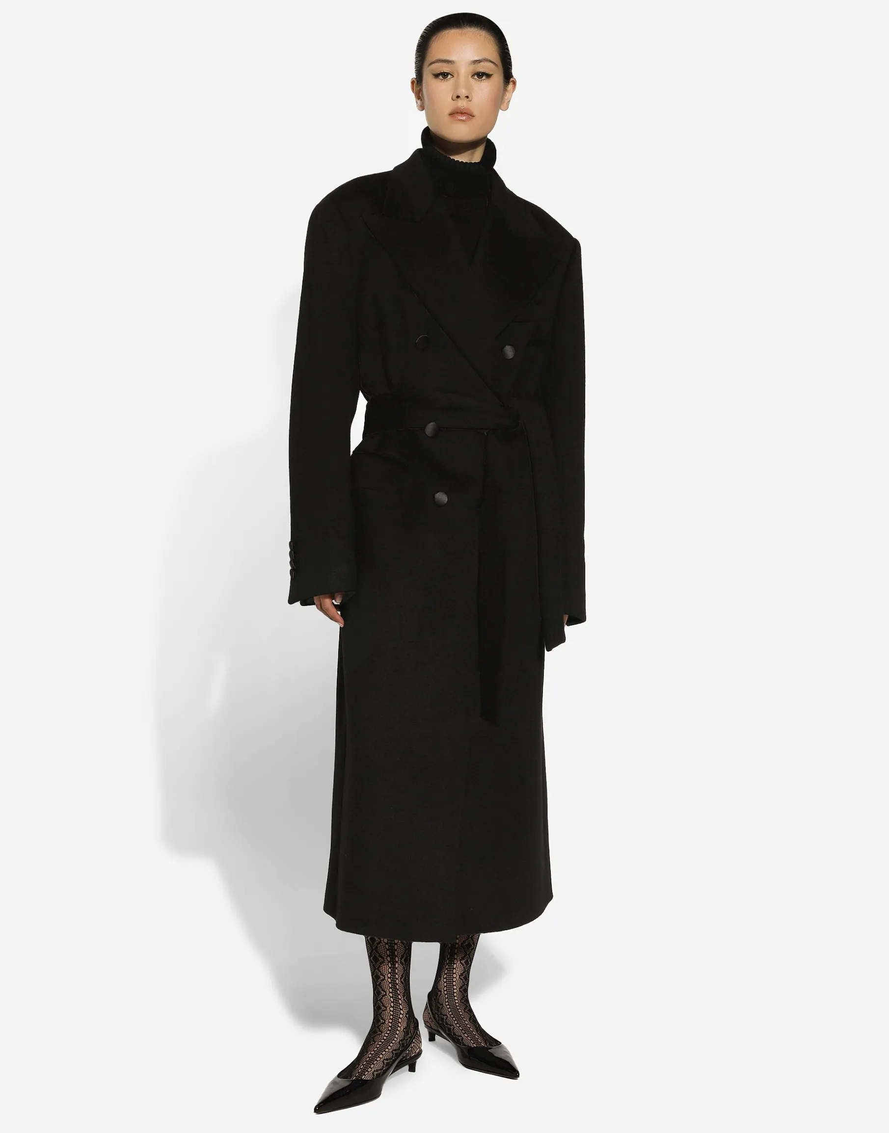 Double-breasted cashmere baize coat with belt