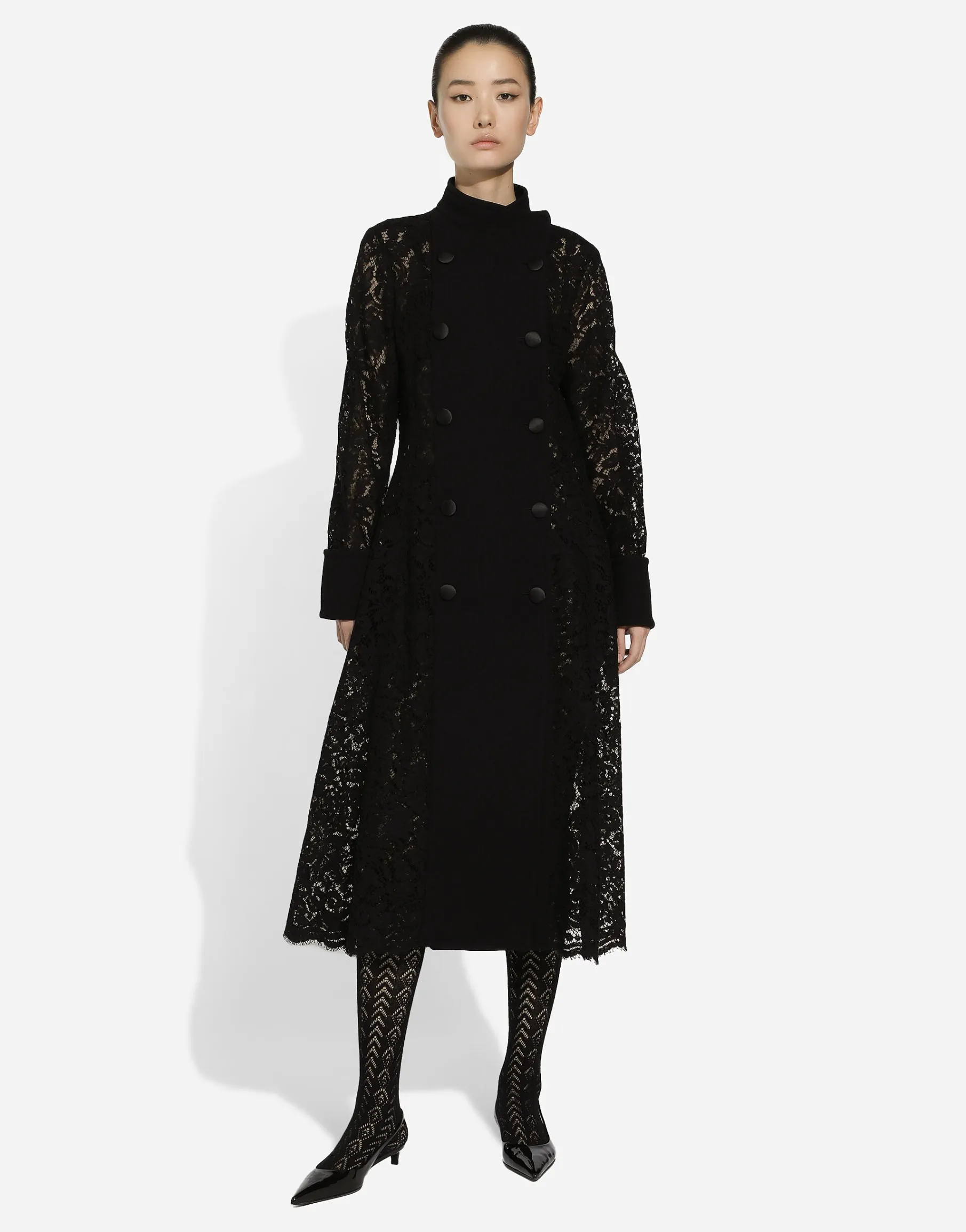 Double-breasted cordonetto lace and wool crêpe coat