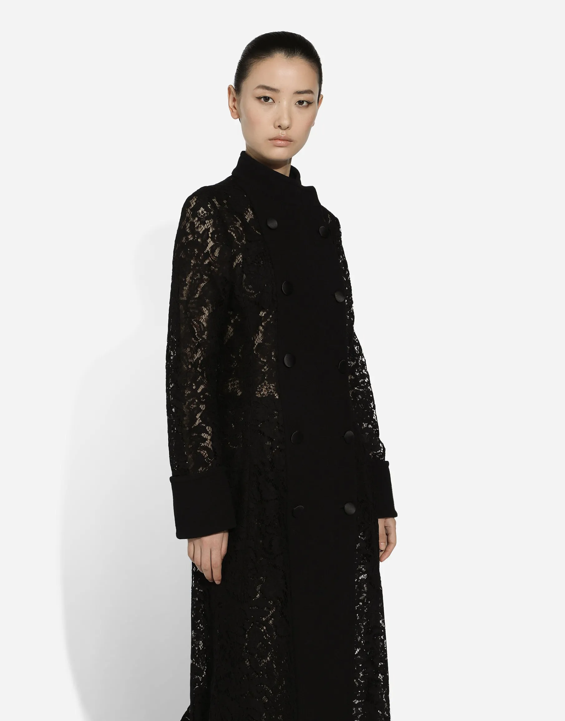 Double-breasted cordonetto lace and wool crêpe coat