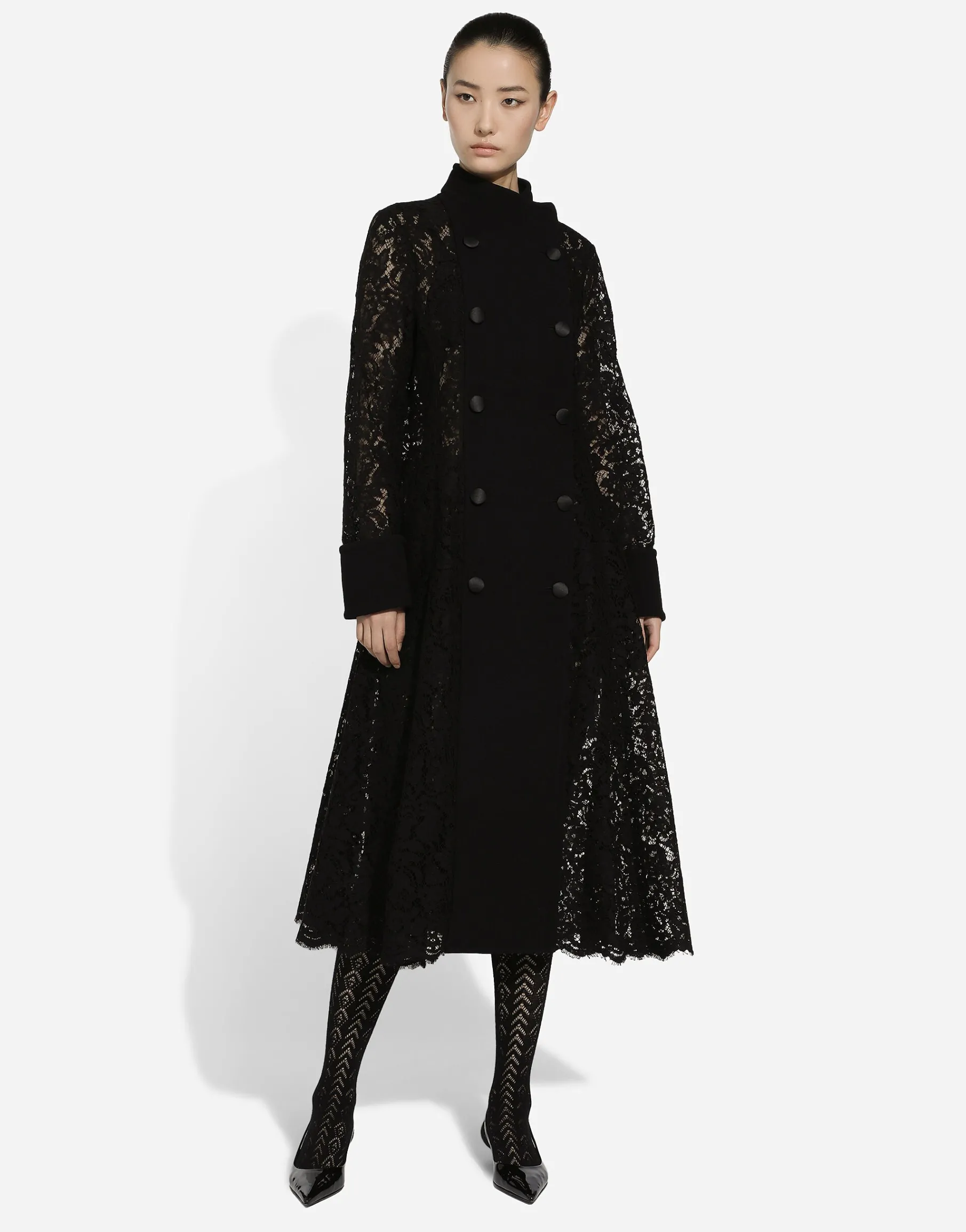Double-breasted cordonetto lace and wool crêpe coat