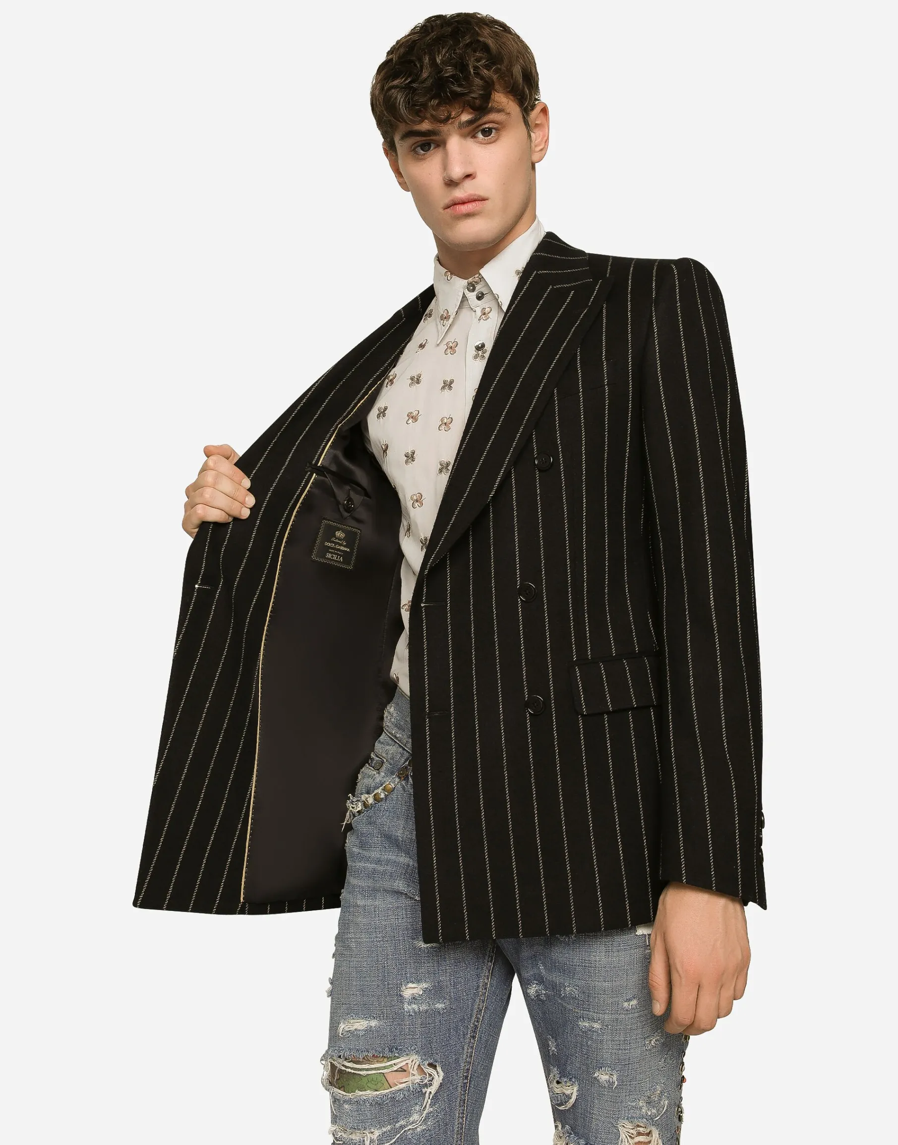Double-breasted jacket in pinstripe stretch wool