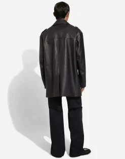 Double-breasted leather pea coat