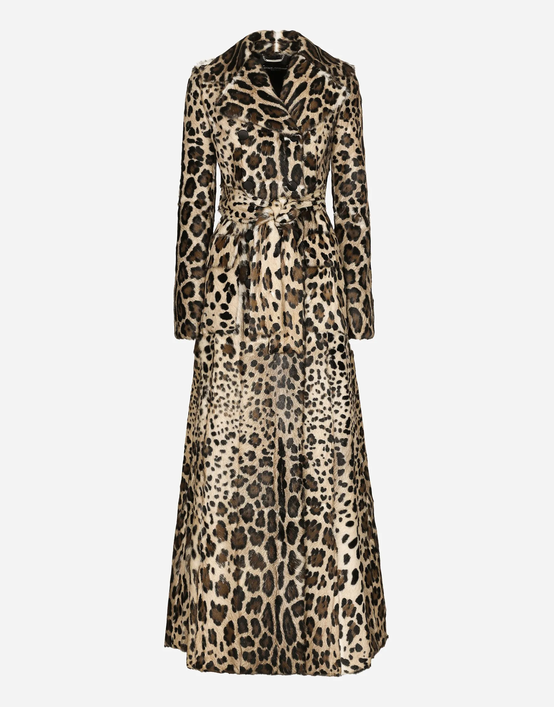 Double-breasted leopard-print goatskin coat with belt