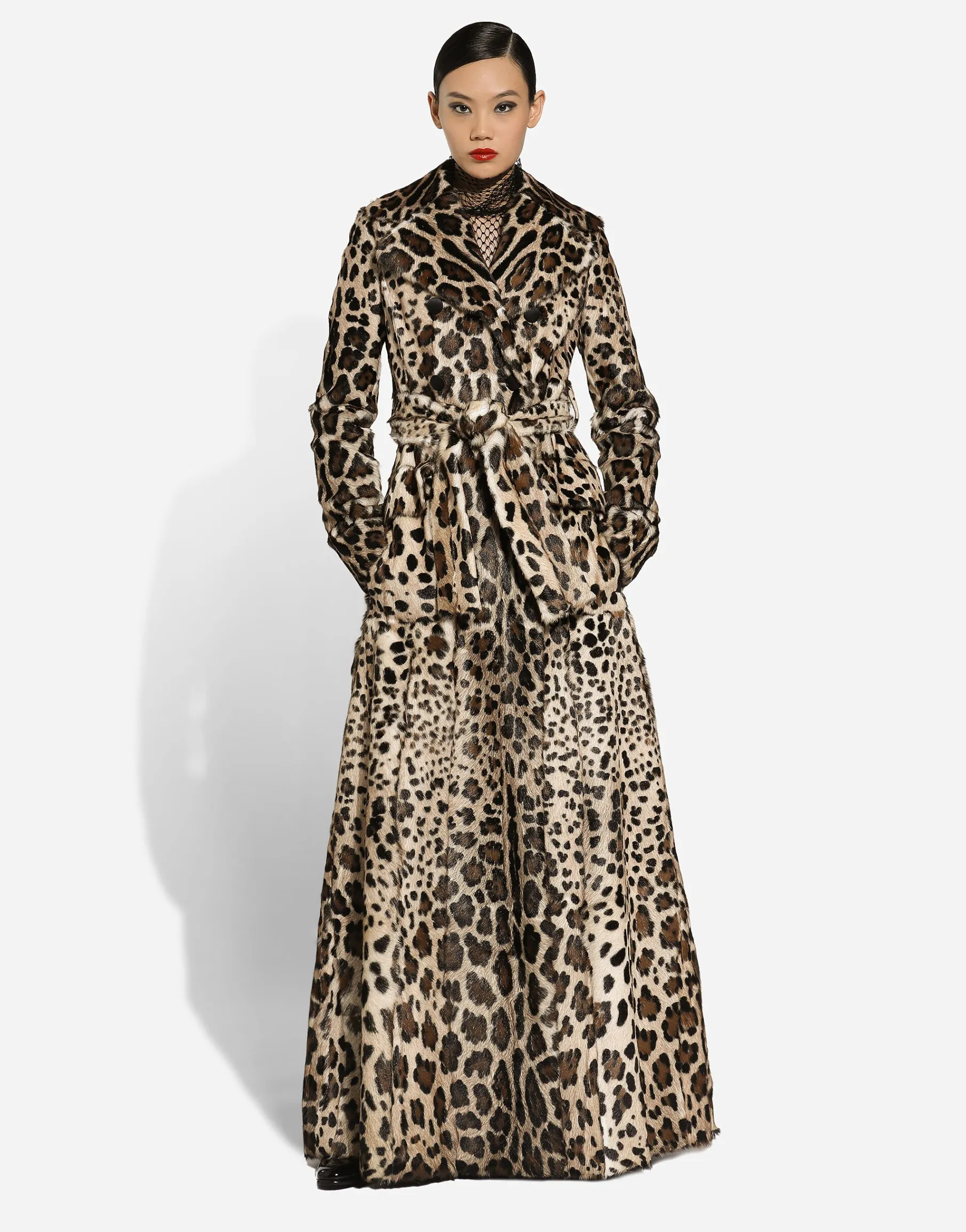 Double-breasted leopard-print goatskin coat with belt