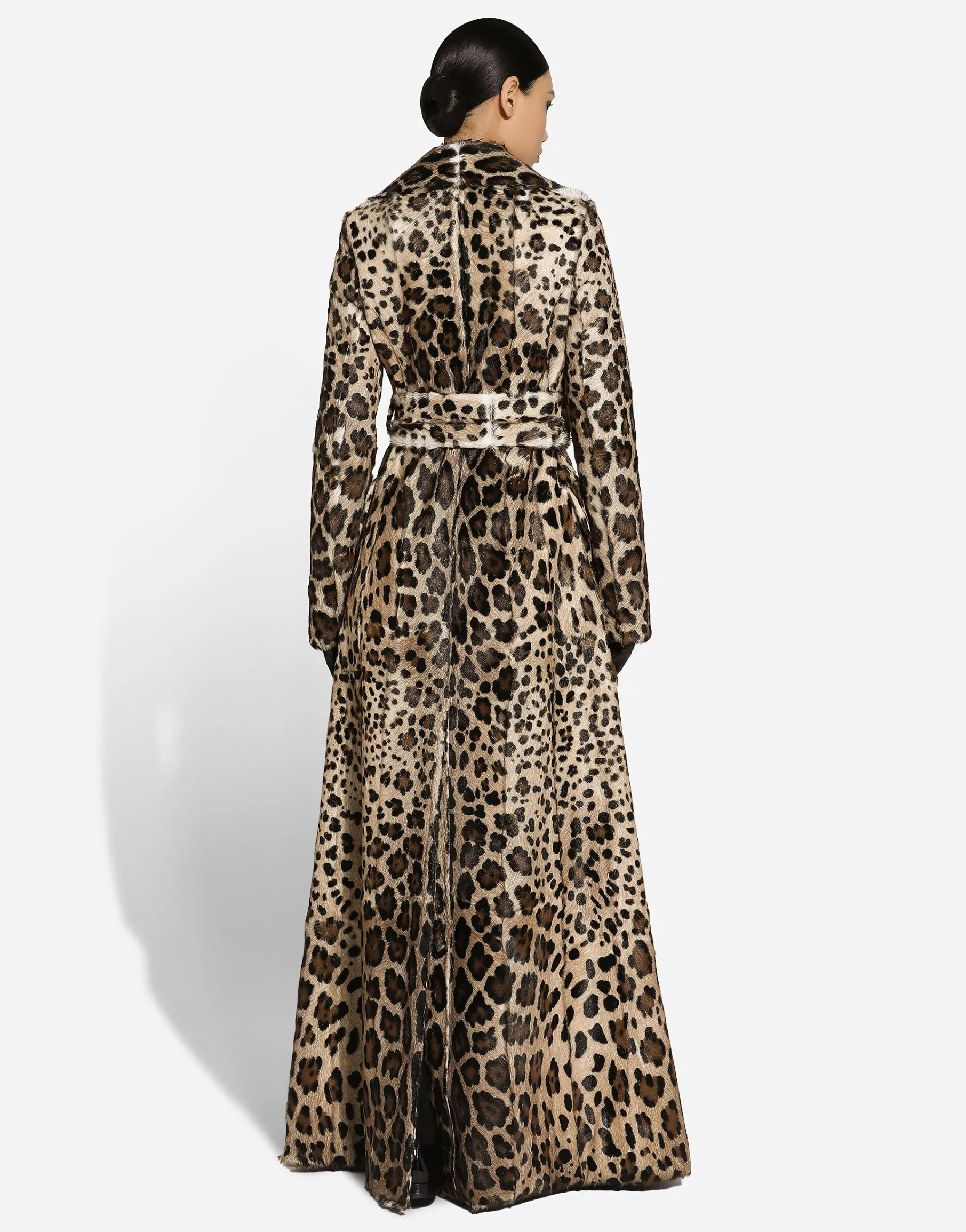 Double-breasted leopard-print goatskin coat with belt