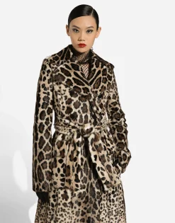 Double-breasted leopard-print goatskin coat with belt