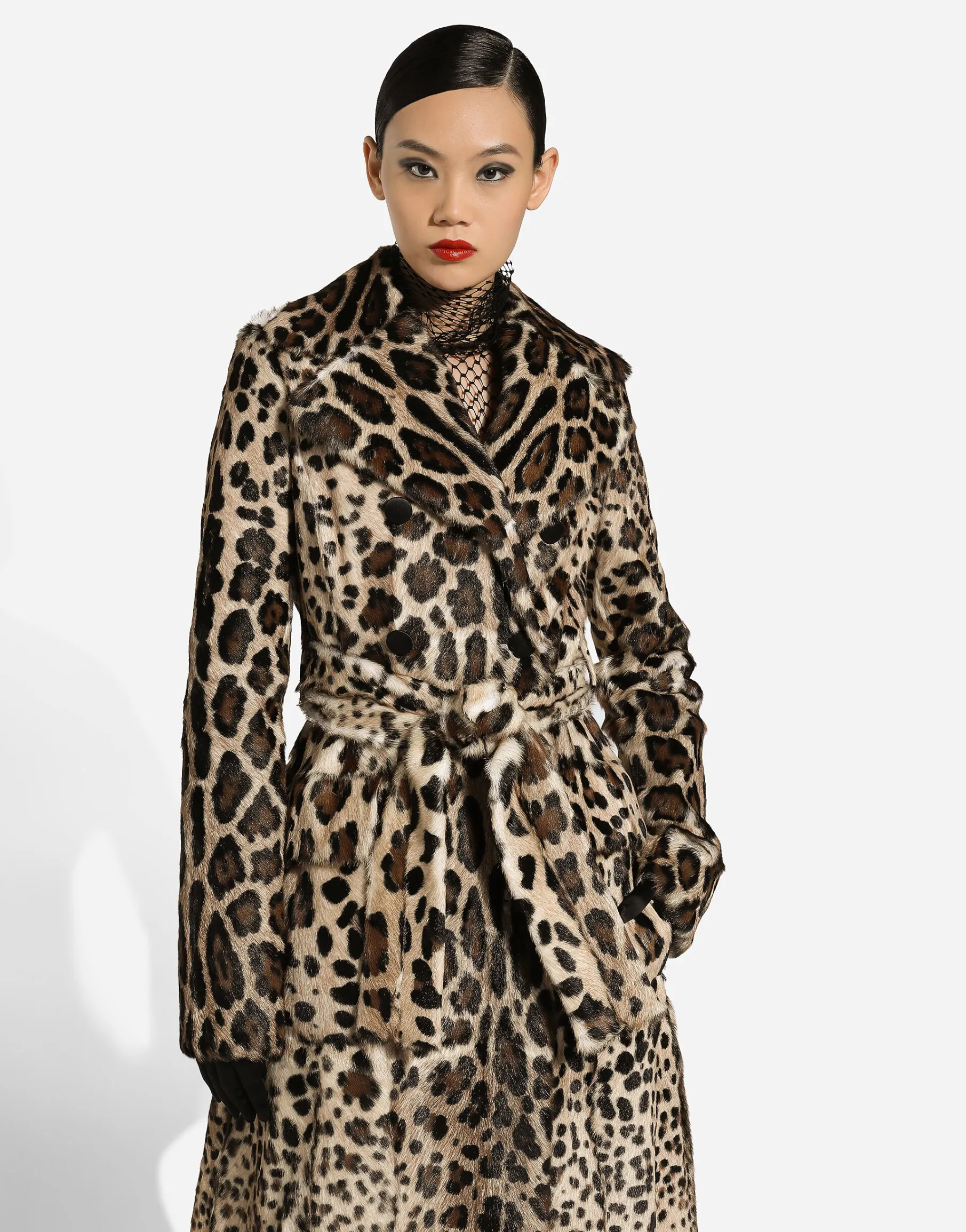 Double-breasted leopard-print goatskin coat with belt