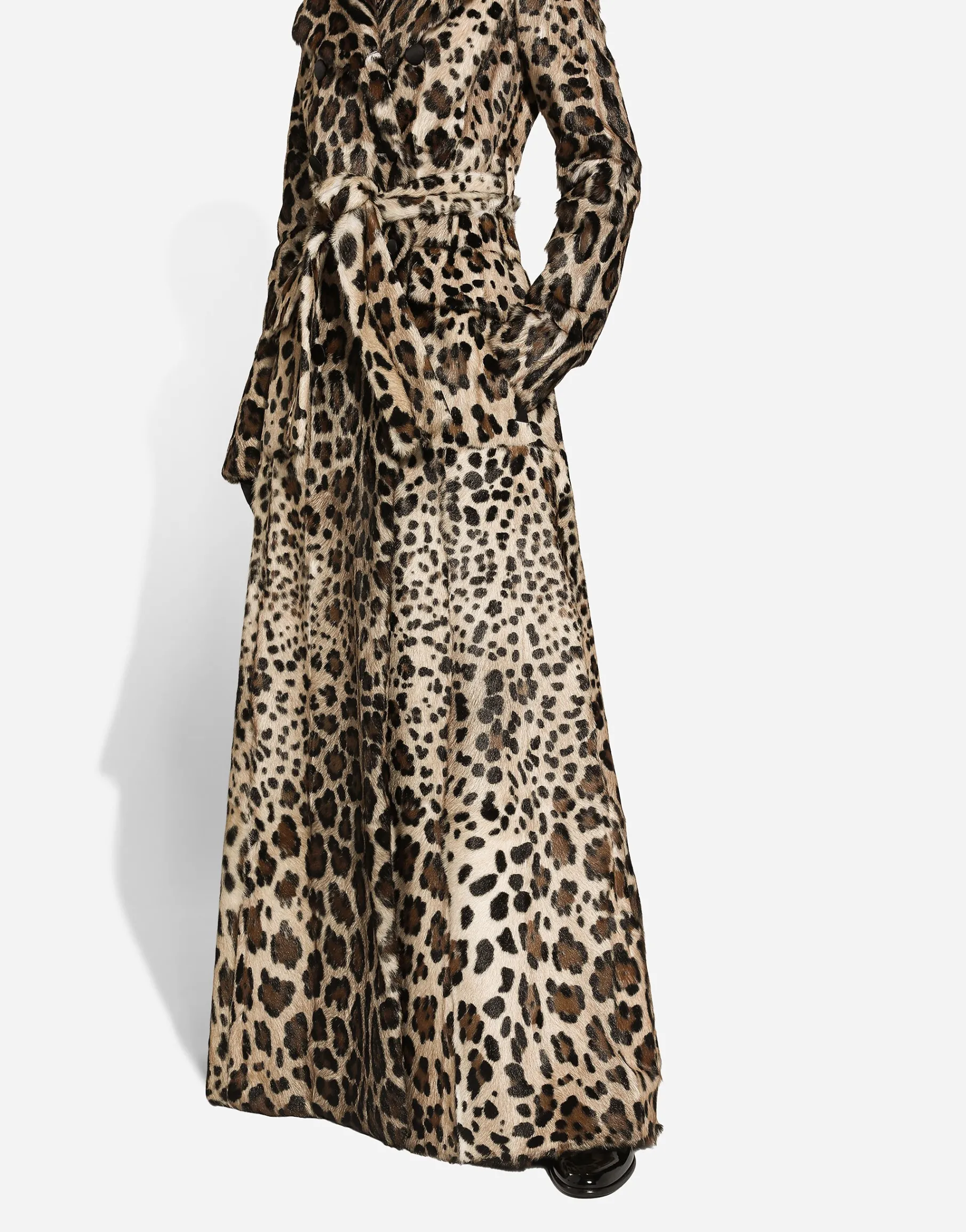 Double-breasted leopard-print goatskin coat with belt