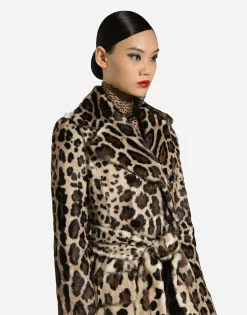 Double-breasted leopard-print goatskin coat with belt