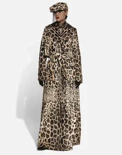 Double-breasted leopard-print goatskin coat with belt