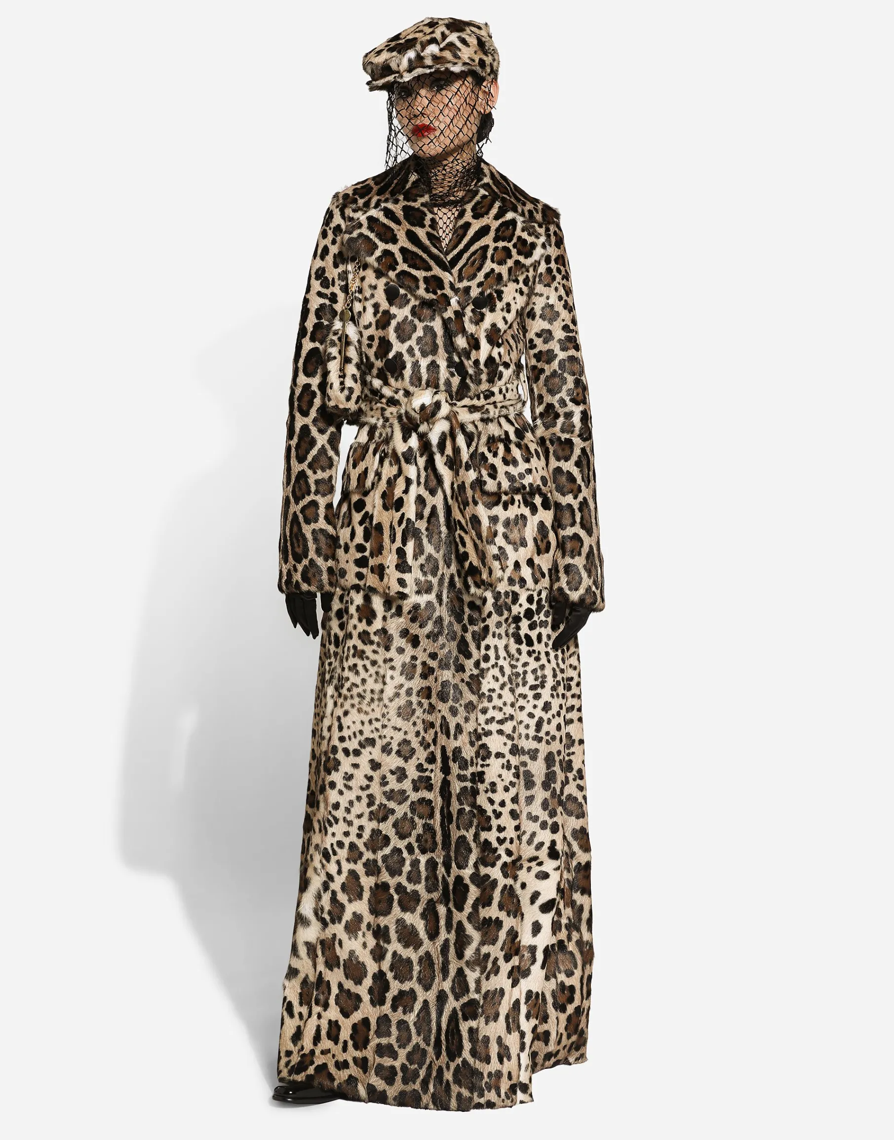 Double-breasted leopard-print goatskin coat with belt