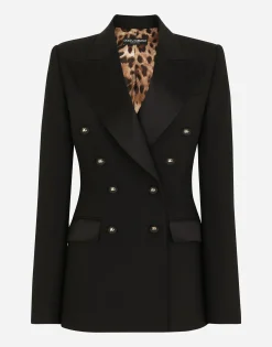 Double-breasted satin and wool fabric jacket