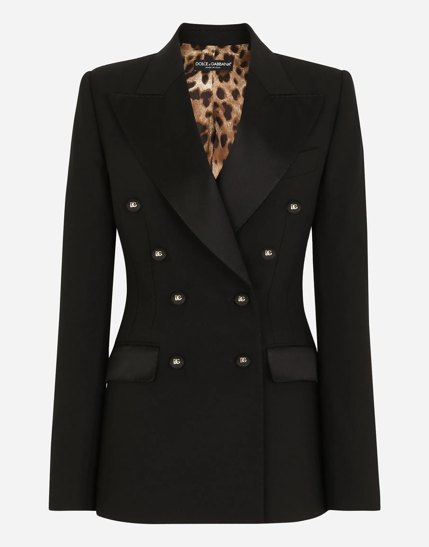 Double-breasted satin and wool fabric jacket