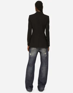 Double-breasted satin and wool fabric jacket