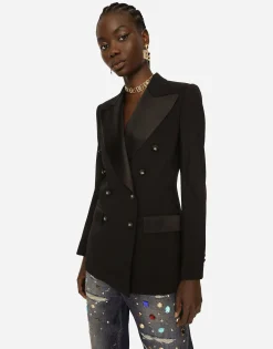Double-breasted satin and wool fabric jacket