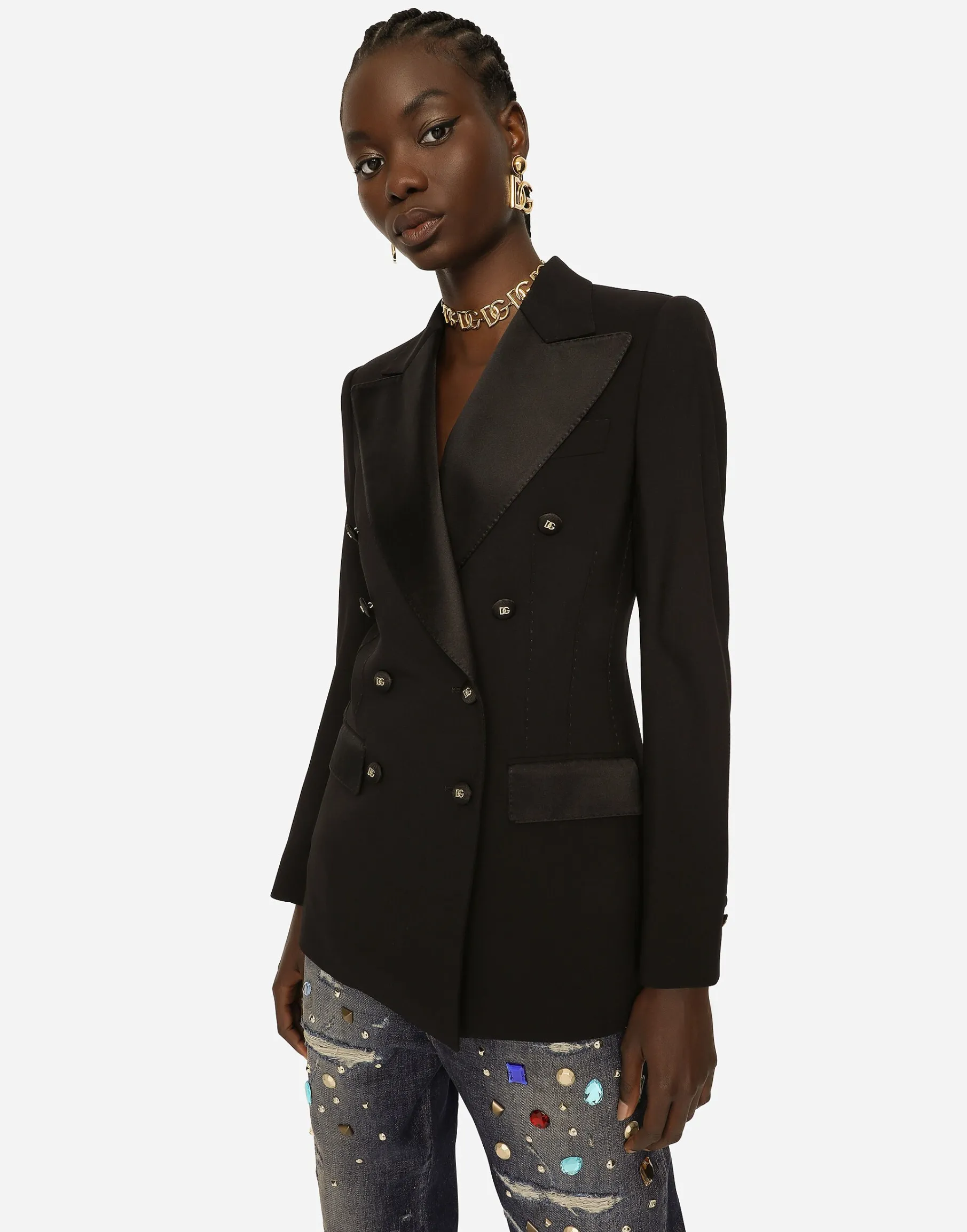 Double-breasted satin and wool fabric jacket