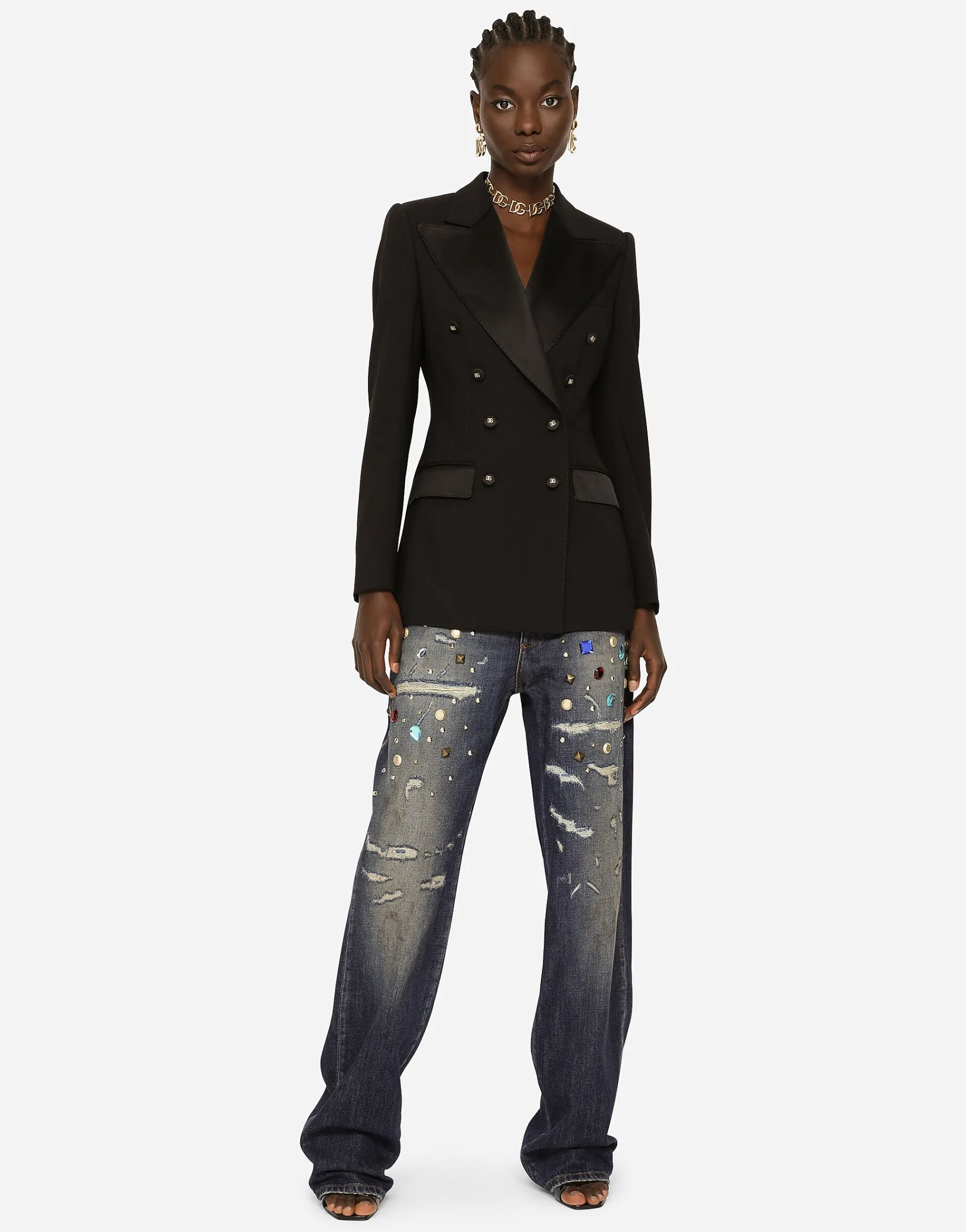 Double-breasted satin and wool fabric jacket