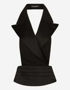 Double-breasted silk satin vest with low neckline on the back