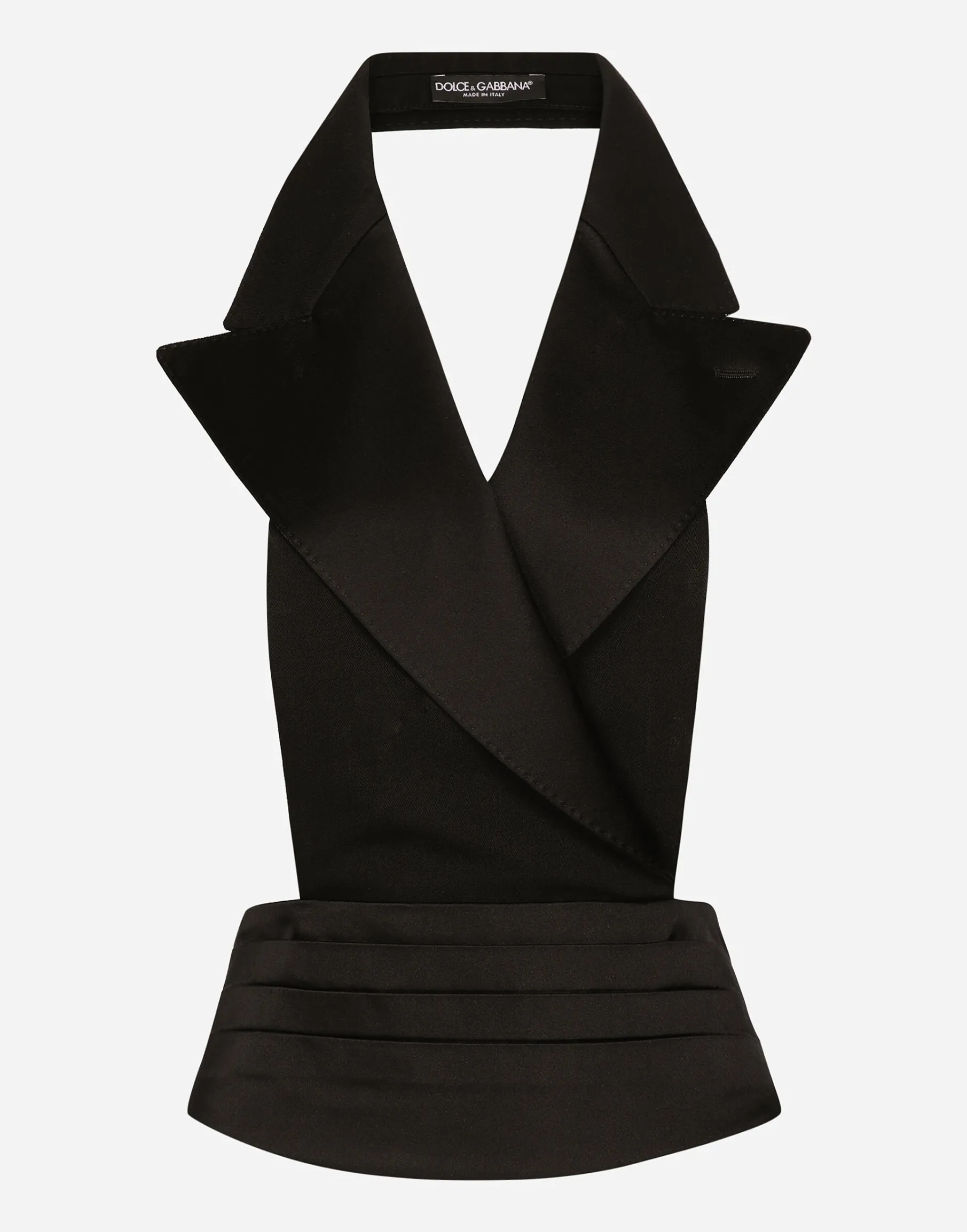 Double-breasted silk satin vest with low neckline on the back