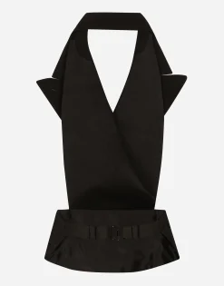 Double-breasted silk satin vest with low neckline on the back