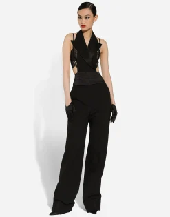 Double-breasted silk satin vest with low neckline on the back