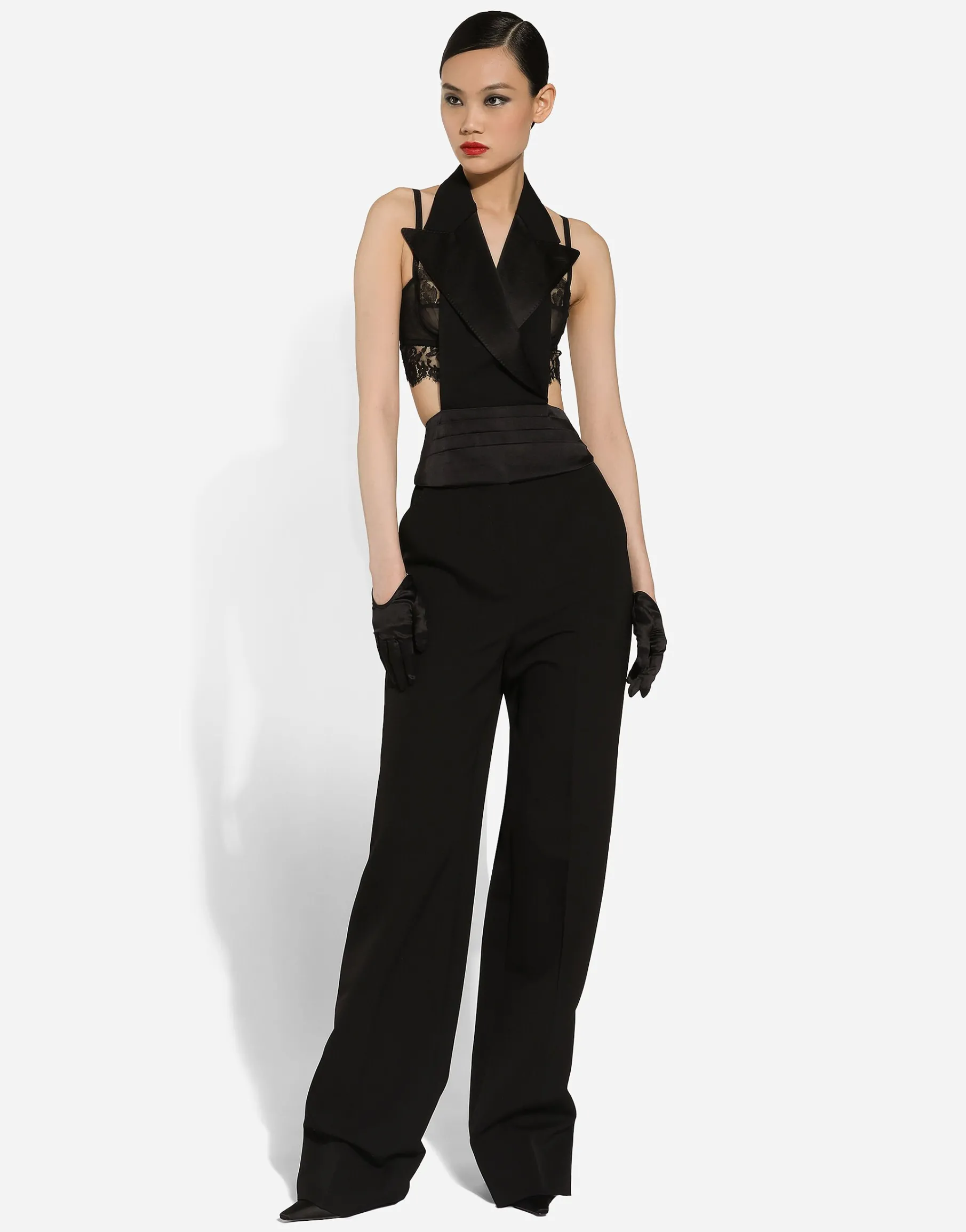 Double-breasted silk satin vest with low neckline on the back