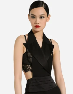 Double-breasted silk satin vest with low neckline on the back