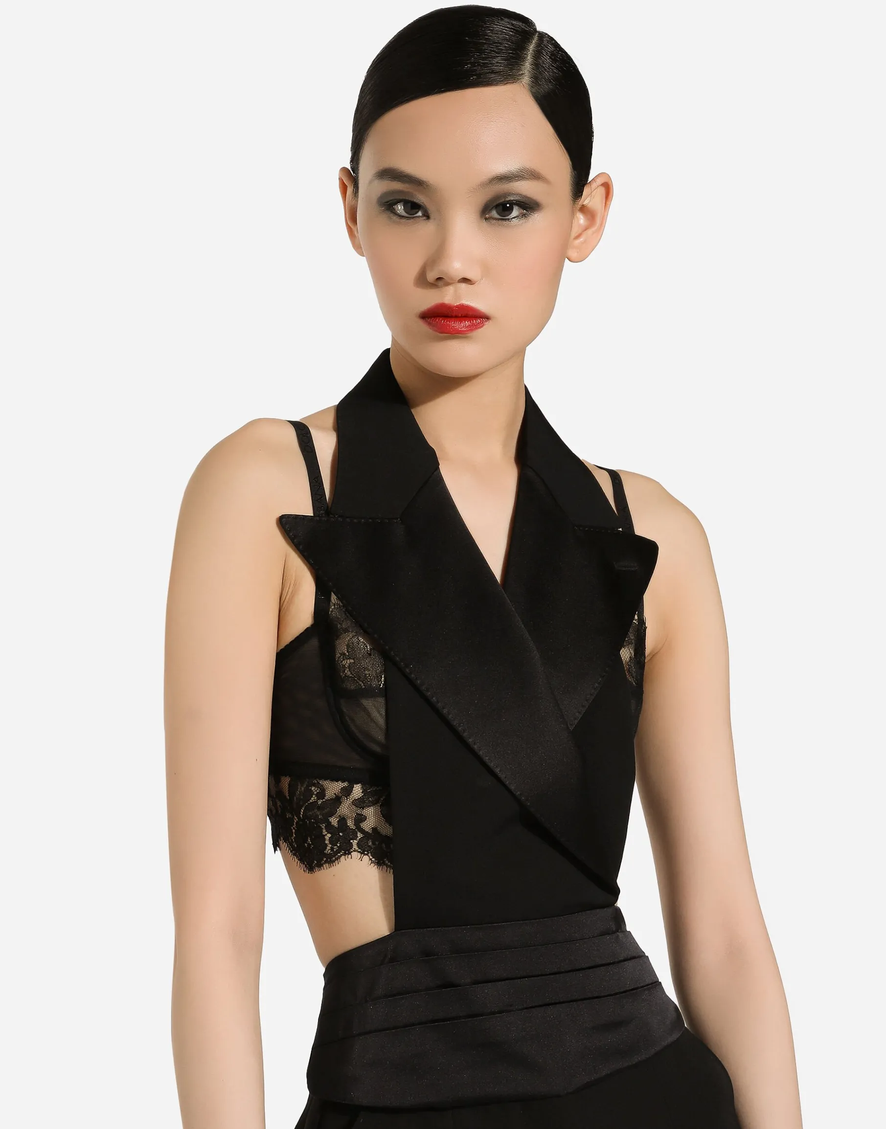 Double-breasted silk satin vest with low neckline on the back