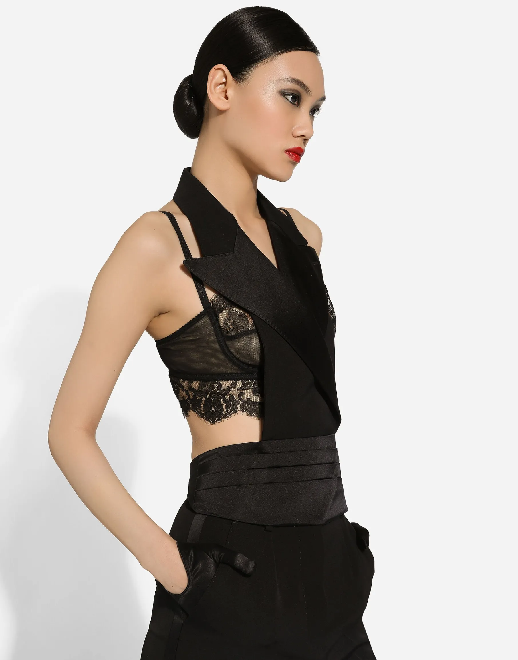 Double-breasted silk satin vest with low neckline on the back