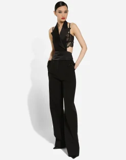 Double-breasted silk satin vest with low neckline on the back
