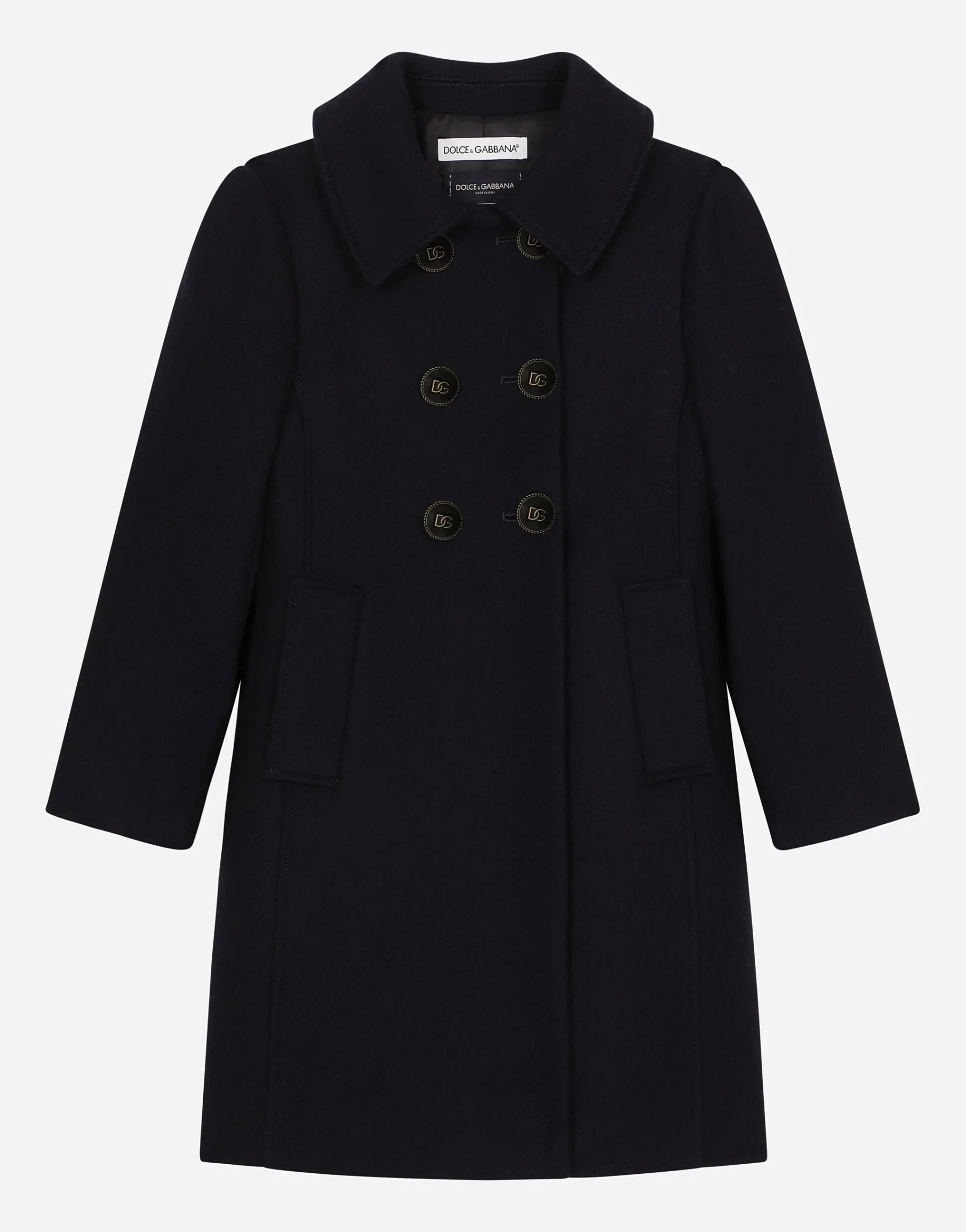 Double-breasted wool coat with branded buttons