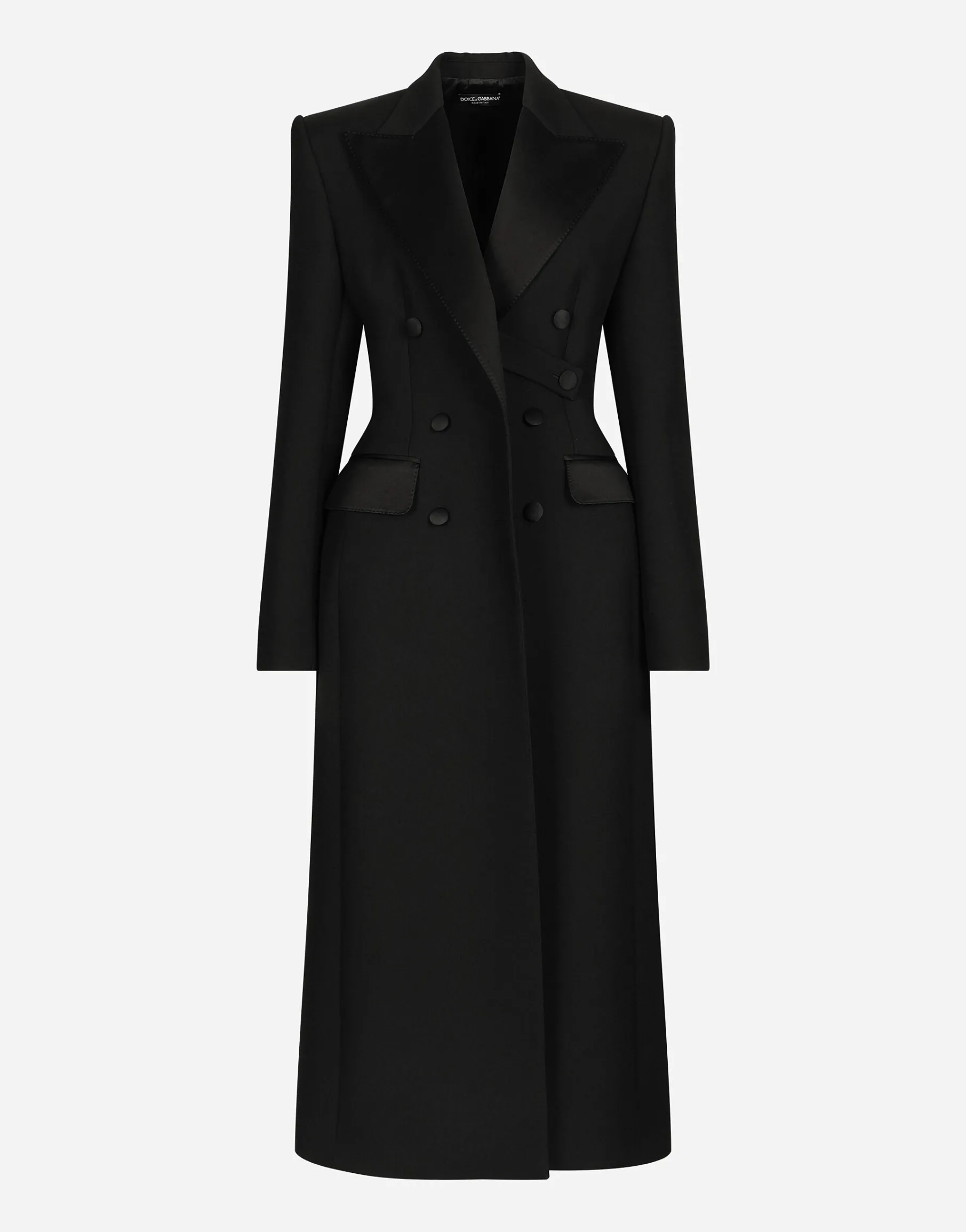 Double-breasted wool gabardine tuxedo coat with padded hips