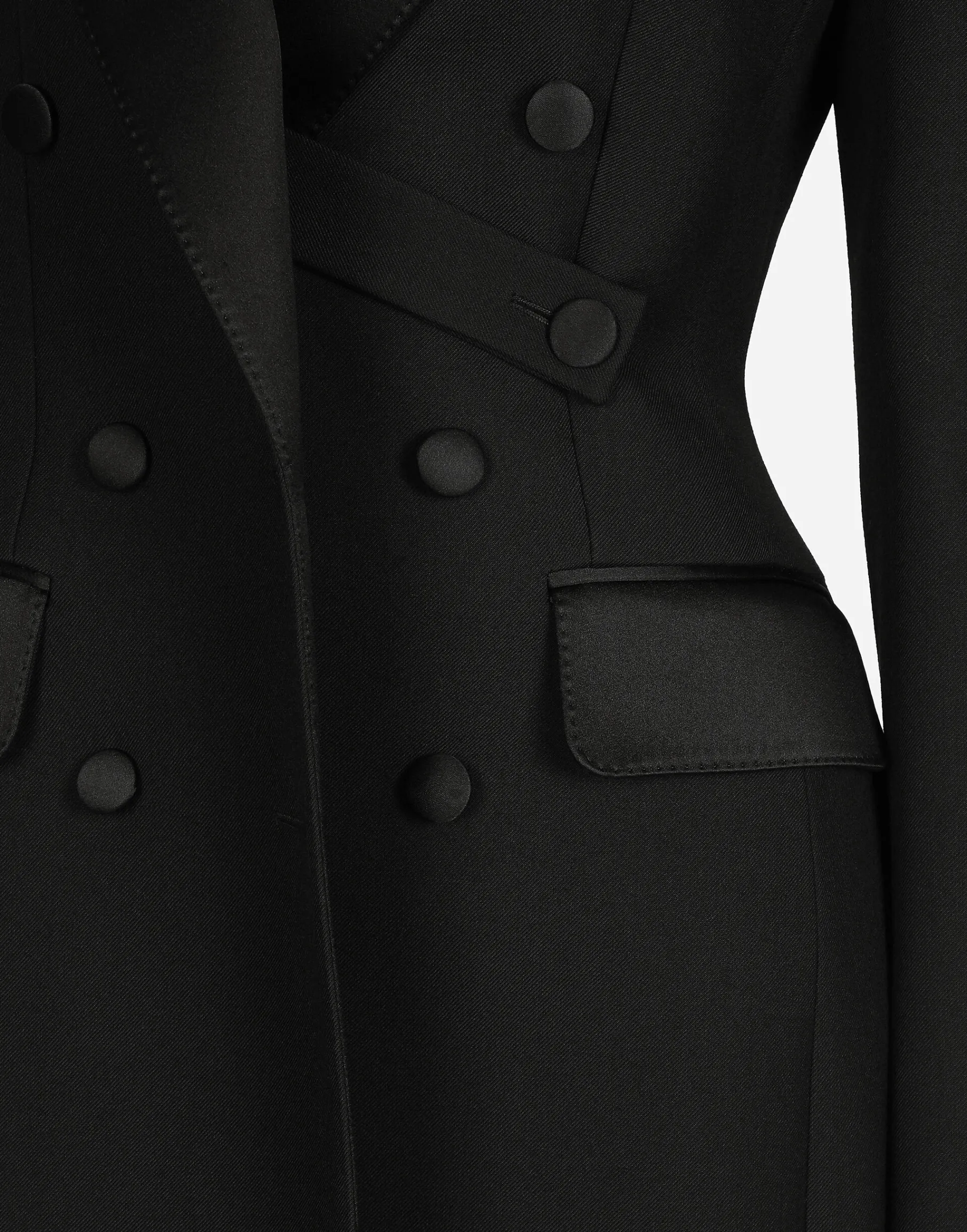 Double-breasted wool gabardine tuxedo coat with padded hips