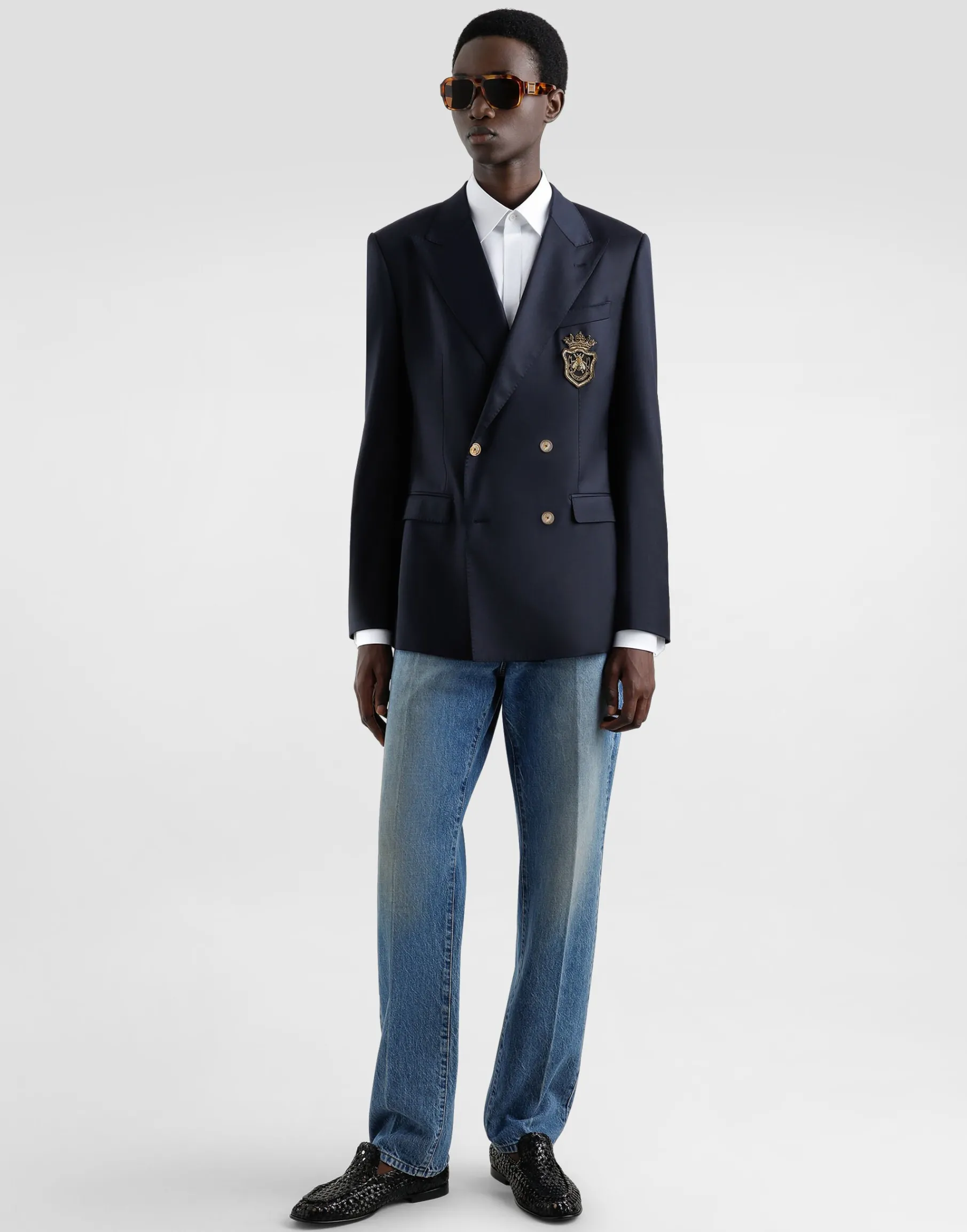 Double-breasted wool jacket with patch