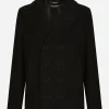 Double-breasted wool pea coat with branded tag