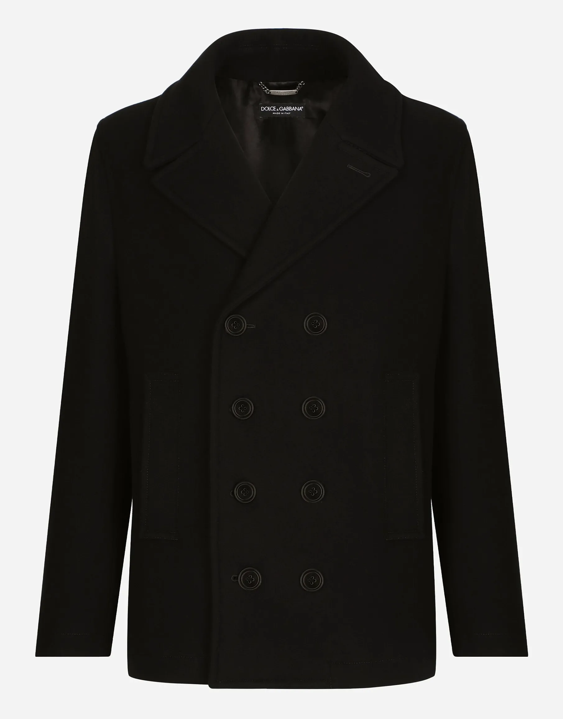 Double-breasted wool pea coat with branded tag