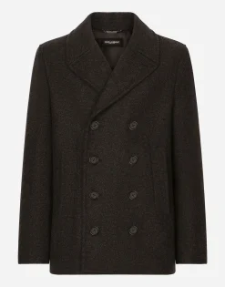 Double-breasted wool pea coat with branded tag