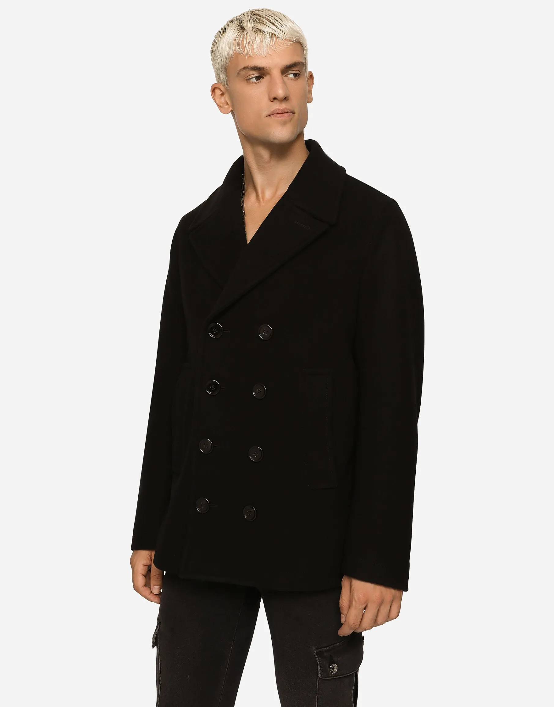 Double-breasted wool pea coat with branded tag