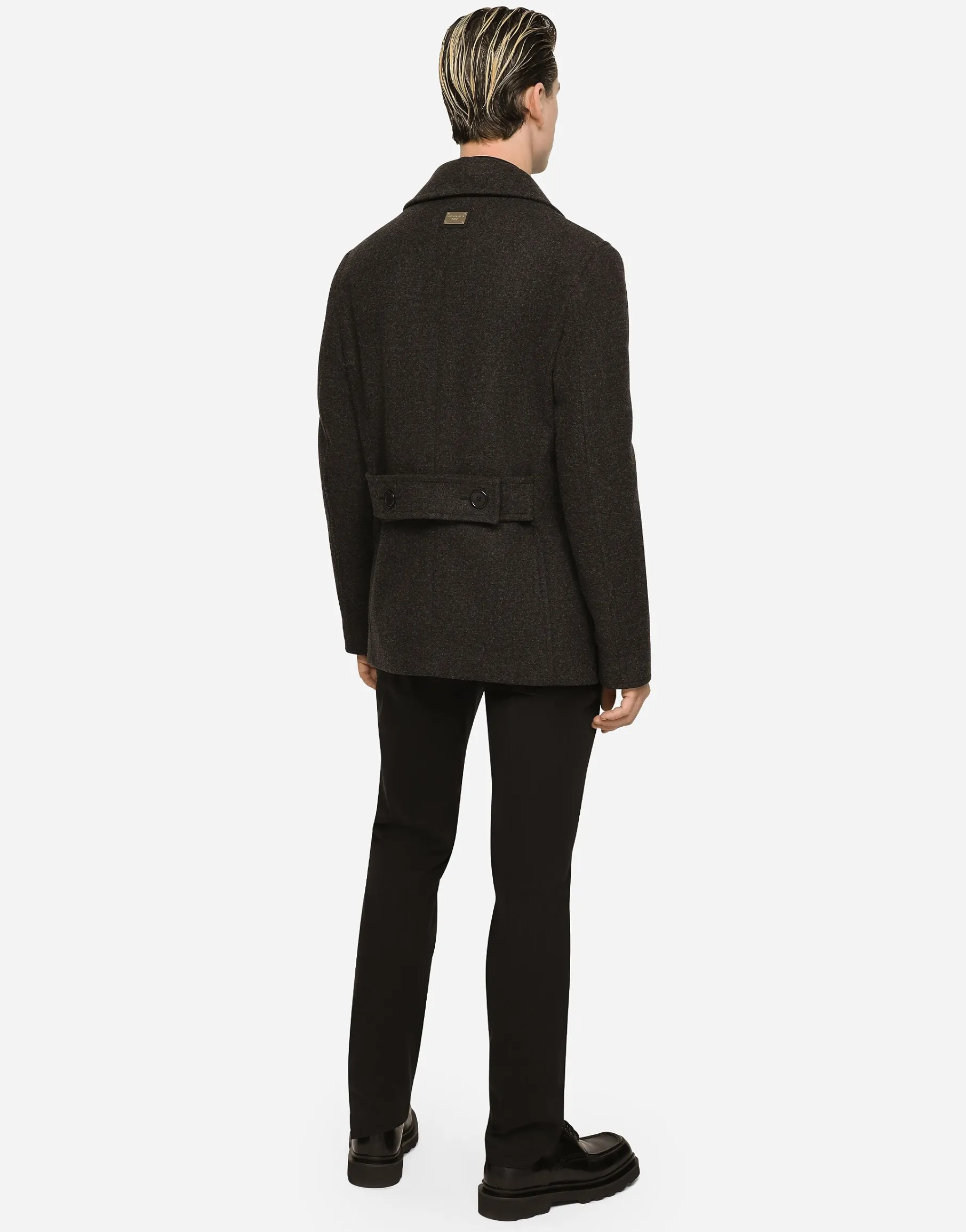 Double-breasted wool pea coat with branded tag