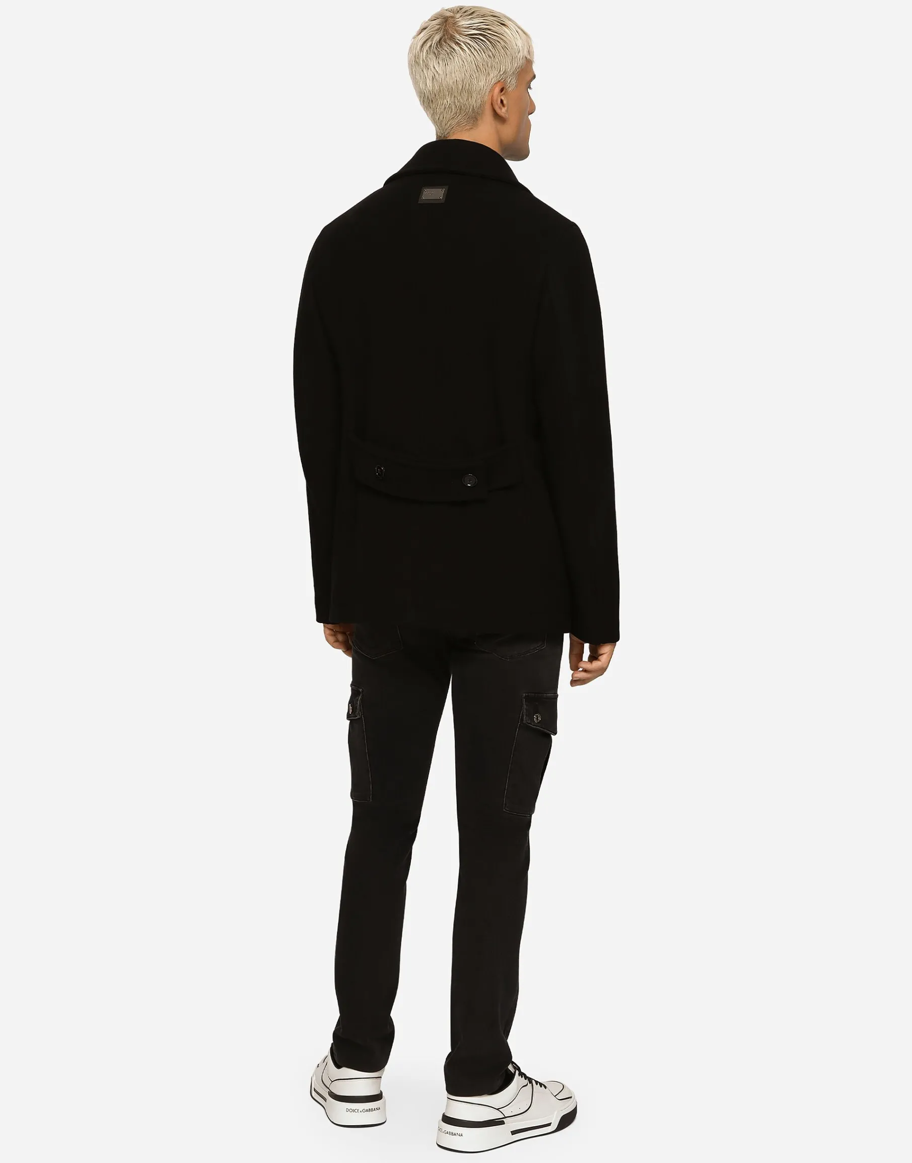 Double-breasted wool pea coat with branded tag