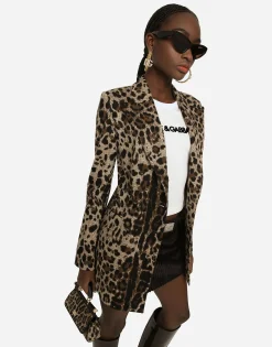 Double-breasted wool Turlington jacket with jacquard leopard design