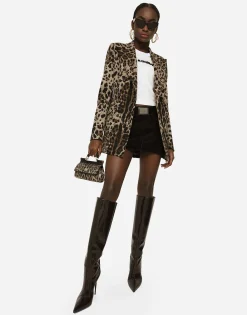 Double-breasted wool Turlington jacket with jacquard leopard design